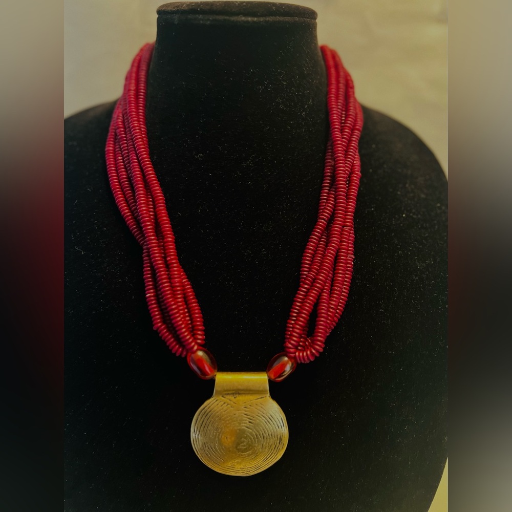 Vintage dark Red wood Beaded Necklace with Brass 2” wide Pendant